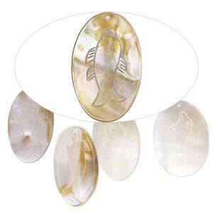 Focal, mother-of-pearl shell (natural/bleached) 1pkg5, 49x29mm-60x40mm top-drilled hand-carved oval with dolphin design.