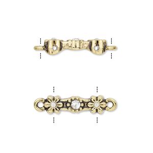 Link, glass rhinestone and antique gold-finished "pewter" (zinc-based alloy), clear, 18x5mm double-drilled bar with flower design, fits up to 11.5mm bead. Sold per pkg of 10.