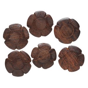 Bead, wood (natural), brown, 28x28mm carved flower. Sold per pkg of 6.