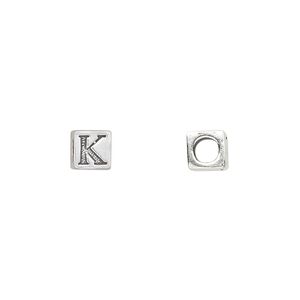 Bead 1pkg1 sterling silver, 5.5mm cube / letter K, antiqued Dione&reg;