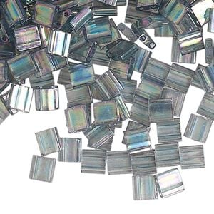 Seed bead, TILA&reg;, glass, pkg/10g, 5mm full tila square, translucent rainbow luster dark grey, (TL-2440D).