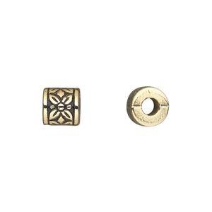 Bead, antiqued gold-finished copper-coated plastic, 8mm drum with flowers. Sold per 50-gram pkg, approximately 150 beads.