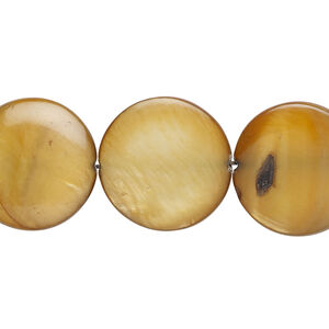 Mother-of-pearl shell 1pkg1, puffed flat round bead 15 inch golden brown 17-18mm