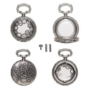 Watch body, acrylic and antique silver-finished "pewter" (zinc-based alloy), transparent clear, 41x27mm with 27mm round and gear with floral design. Sold per 5-piece set.