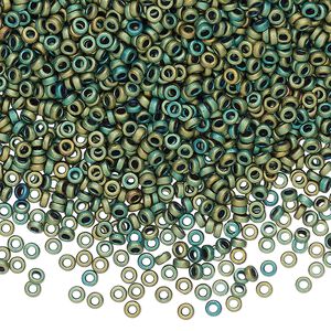 Seed bead, Miyuki, glass, pkg/10g, 2.2x1mm spacer rondelle, opaque matte metallic iris green patina, (SPR2.2-2008).
