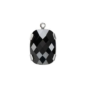 Drop 1pk jet silver plate, Crystal Passions&reg; 18x13mm rectangle 11504