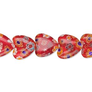 Bead, millefiori glass, red and multicolored, 12x12mm heart. Sold per 15-1/2" to 16" strand.