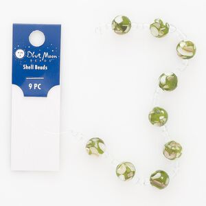 Resin / mother-of-pearl shell 1pkg9, round bead green and white 10mm