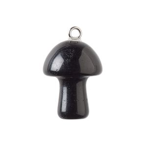 Drop 1pkg1, imitation rhodium-plated brass and black obsidian (natural), 20x15mm hand-carved 3D mushroom