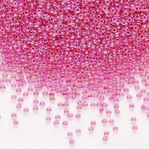 Seed bead, Miyuki, glass, pkg/35g, #15 rocaille, translucent hot pink-lined rainbow crystal clear (RR-355).