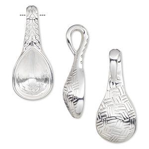 Pendant, Almost Instant Jewelry&reg;, silver-plated "pewter" (zinc-based alloy), 28x12mm two-sided textured teardrop with 14x10mm pear setting. Sold per pkg of 2.