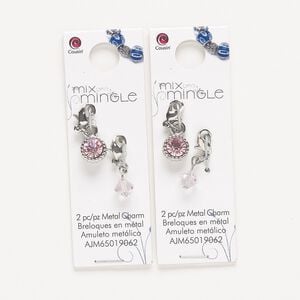 Drop, silver-finished "pewter" (zinc-based alloy) / steel / glass, pink, 22x7mm single-sided and 24x9mm single-sided with lobster claw clasp. Sold per pkg of (2) 2-piece sets.