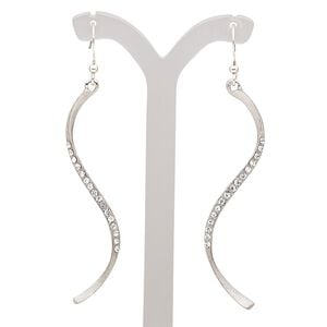 Earring, Czech glass rhinestone with imitation rhodium-plated brass and "pewter" (zinc-based alloy), clear, 3 inches with scratched ribbon and fishhook ear wire. Sold per pair.