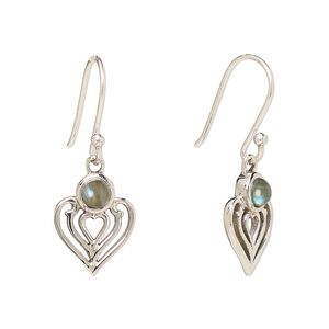 Earring, Create Compliments&reg;, antiqued sterling silver and labradorite (natural), fishhook, 28.5mm with 15x9mm single-sided heart, 21 gauge. Sold per pair.