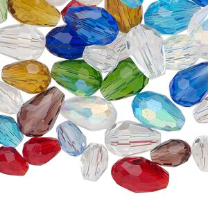 Bead mix, glass, translucent and transparent mixed colors, 8x6mm / 10x7mm / 12x8mm faceted teardrop. Sold per 2-ounce pkg, approximately 100 beads.