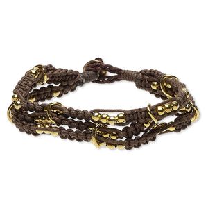 Bracelet, 3-strand, waxed cotton cord with gold-finished steel and "pewter" (zinc-based alloy), brown, 17mm wide, 7 inches with button clasp. Sold individually.