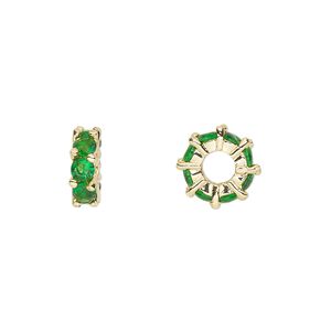 Bead 1pkg2 gold-plated, 10.5x3.5mm rondelle, brass / emerald cubic zirconia