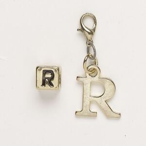 Bead and charm, brass-finished "pewter" (zinc-based alloy) / steel / enamel, black, 7mm cube with alphabet letter "R" and 14x12mm alphabet letter "R" with lobster claw clasp. Sold per pkg of 2.