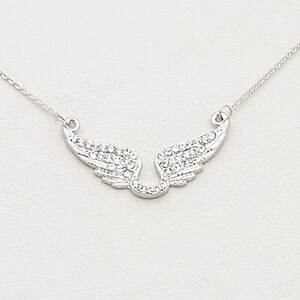 Necklace, Czech glass rhinestone / imitation rhodium-finished steel / brass / "pewter" (zinc-based alloy), clear, 36x16mm wings, 18 inches with 2-inch extender chain and lobster claw clasp. Sold individually.