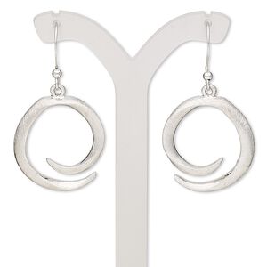 Earring, imitation rhodium-plated brass and "pewter" (zinc-based alloy), 41mm with brushed swirl and fishhook ear wire. Sold per pair.
