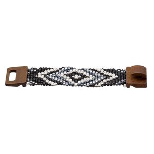 Bracelet, stretch, glass and stained wood, silver and multicolored, 46mm wide with chevron design, 6-1/2 inches with hook-and-eye clasp. Sold individually.