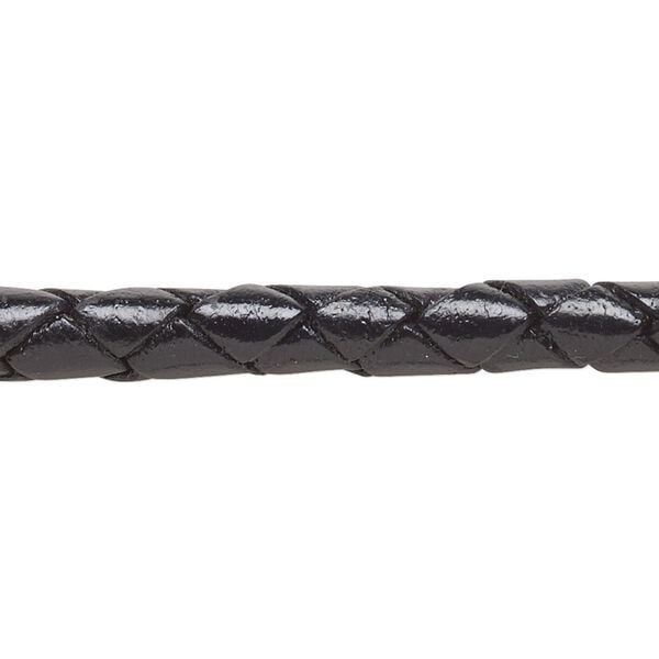 Bolo cord, leather (dyed), black, 6-6.5mm braided round. Sold per 5-foot section. image number 0