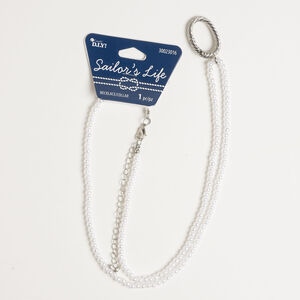 Necklace 1pkg1, antique silver-finished steel and plastic, white, 28x19mm twisted oval hinged clip, 24 inches with lobster claw clasp.