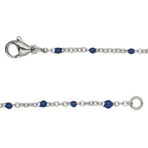 Chain 1pkg1 cable, 1.7mm flat / 2mm ball / lobster claw clasp, stainless steel / blue enamel 24 inch