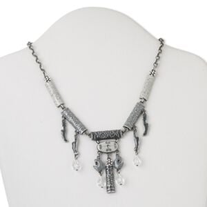 Necklace, Czech rhinestone / enamel / antiqued silver-finished steel and brass, clear and dark grey, tube, 16 inches with 2-inch extender and lobster claw clasp. Sold individually.