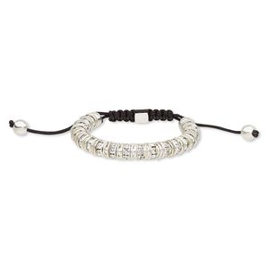 Bracelet, glass rhinestone / nylon / silver-plated steel / "pewter" (zinc-based alloy), black and clear, 9mm wide, adjustable from 6-8 inches with macram&eacute; knot closure. Sold individually.