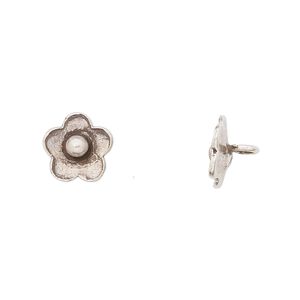 Button, Hill Tribes, antiqued sterling silver, 10mm flower. Sold per pkg of 2.
