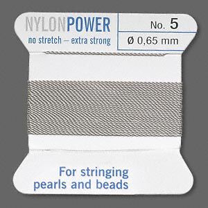 Thread, Griffin, nylon, grey, size #5. Sold per 2-meter card (approximately 78 inches).