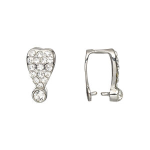 Bail, ice-pick, Egyptian glass rhinestone and imitation rhodium-plated brass, clear, 16x8mm heart, 10mm grip length. Sold per pkg of 6.