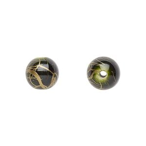 Bead, acrylic, green and gold, 10mm round with swirls. Sold per pkg of 200.