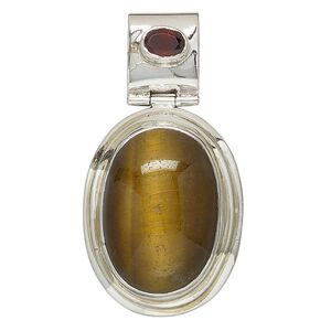 Pendant, tigereye (natural) / garnet (natural) / sterling silver, 46x24mm-50x27mm oval. Sold individually.