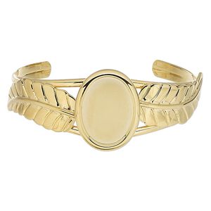 Bracelet, cuff, gold-plated brass / steel / "pewter" (zinc-based alloy), 30mm wide with 65x31mm feather and 25x18mm oval setting, adjustable. Sold individually.
