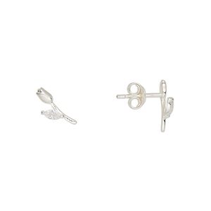 Earstud sterling silver / cubic zirconia 1pkg2, 10.5x4.5mm right- and left-facing rose / earnuts included, Create Compliments&reg; clear 1 pair