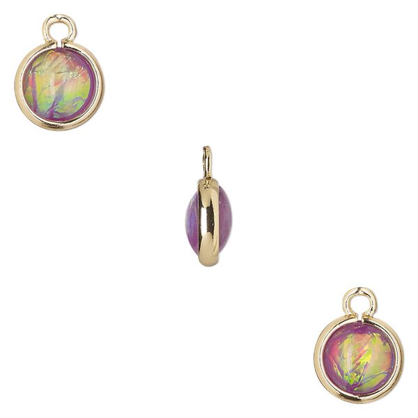 Drop, Opalized Ice&trade;, "opal" (resin) and gold-finished brass, light purple, 9.5mm double-sided round. Sold per pkg of 6. image number 0