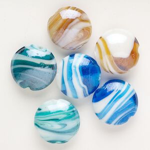 Bead, lampworked glass, opaque multicolored, 26-29mm puffed flat round with swirl design. Sold per pkg of 6.