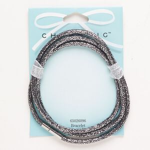 Bracelet 1pkg1 wrap, nylon and silver-finished brass, black and silver, 3mm round, 7 inches with pop-style clasp.