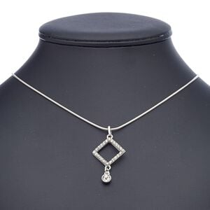 Necklace, glass rhinestone with imitation rhodium-finished steel and "pewter" (zinc-based alloy), clear, 37x24mm with 24x24mm open diamond, 18 inches with 2-inch extender chain and lobster claw clasp. Sold individually.