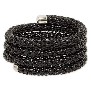 Bracelet, silver-plated steel and painted steel memory wire, black, 32mm wide, adjustable. Sold individually.