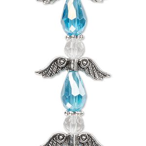 Bead mix 1pkg4 silver-plated "pewter", 23x7mm angel, light turquoise blue AB & clear / antique