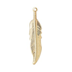 Focal, gold-plated brass, 32x7mm single-sided feather. Sold per pkg of 100.