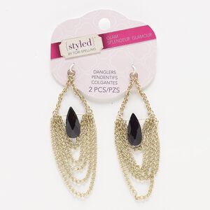 Focal, acrylic and gold-finished steel, black, 3-1/2 x 1 inches with teardrop. Sold per pkg of 2.