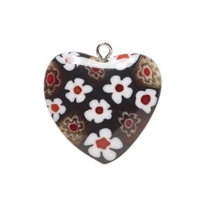 Drop, millefiori glass and silver-finished steel 1pkg1, opaque black / white / red, 24-26mm puffed heart.