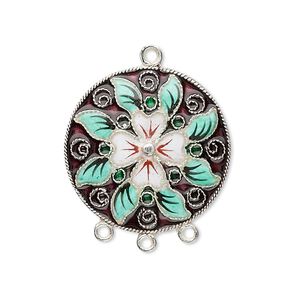 Drop, sterling silver with cloisonn&eacute;, purple with white flower and green leaves, 25mm round with 3-loops. Sold individually.