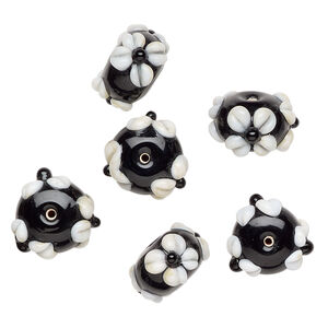 Bead, lampworked glass 1pkg6, opaque black / white, 18x11mm rondelle with flowers.