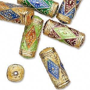 Bead mix 1pkg6 gold-finished, 21x7mm cloisonn&eacute; square tube, copper / enamel mixed colors