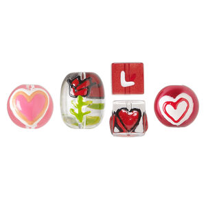 Bead mix, hand-painted glass, opaque to transparent multicolored, 10mm cube with "love" and heart design / 13mm round with heart design / 17x14mm oval with rose design. Sold per pkg of 5.